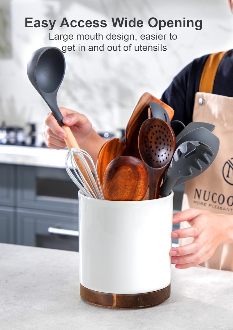 Nucookery 360° Rotating Utensil Holder, 7.2" Large Utensil Crock, White Ceramic Cooking Utensil Organizer with Countertop-Protection Cork Bottom for Farmhouse Kitchen Decor Christmas Gift (White) - Image 2
